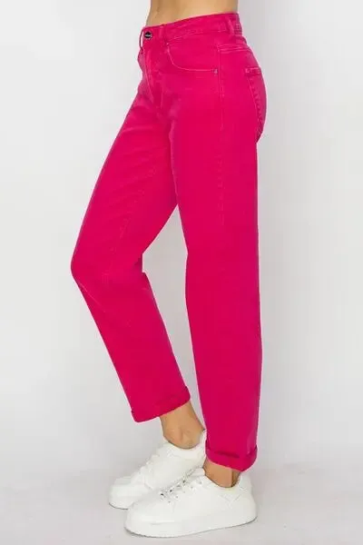 Risen Fuschia High Waist Rolled Hem Straight Jeans